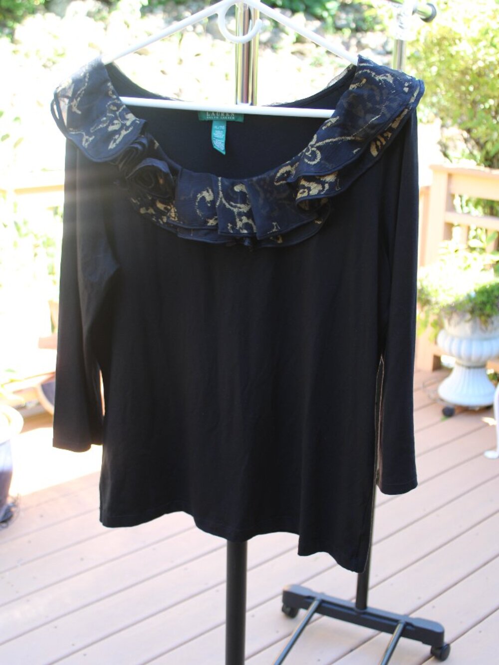 Ralph Lauren Women Blouse Top XL/TG Black 3/4 Sleeves Round Ruffles Neck Stretch